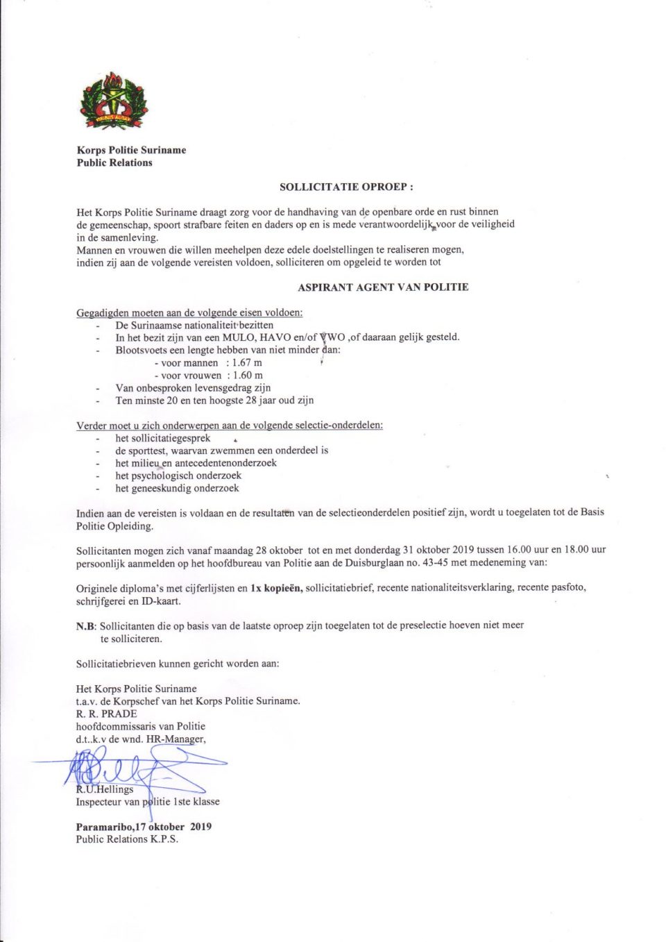 Tweede sollicitatie oproep van het Korps Politie Suriname